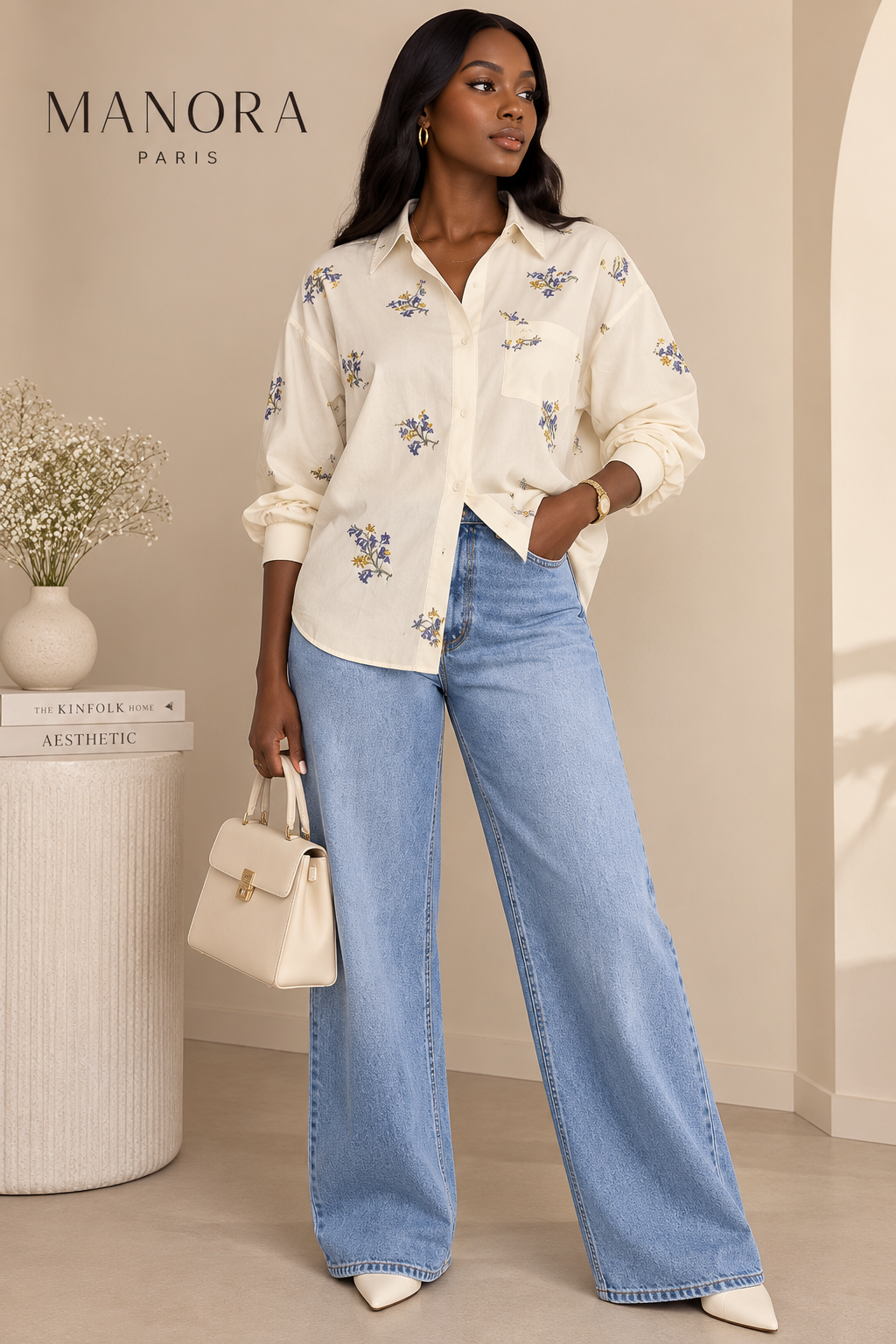 Chemise brodée fleurs MANORA portée par un mannequin